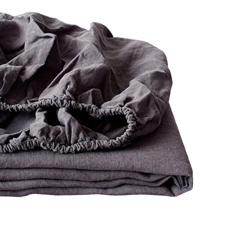 Simple&Opulence 100% Linen Fitted Sheet King(1 Piece), 14 Inch Deep Pocket Mattress Cover Natural French Flax Stone Washed Farmhouse Soft Breathable Bottom Sheets-Charcoal Grey - Image 1